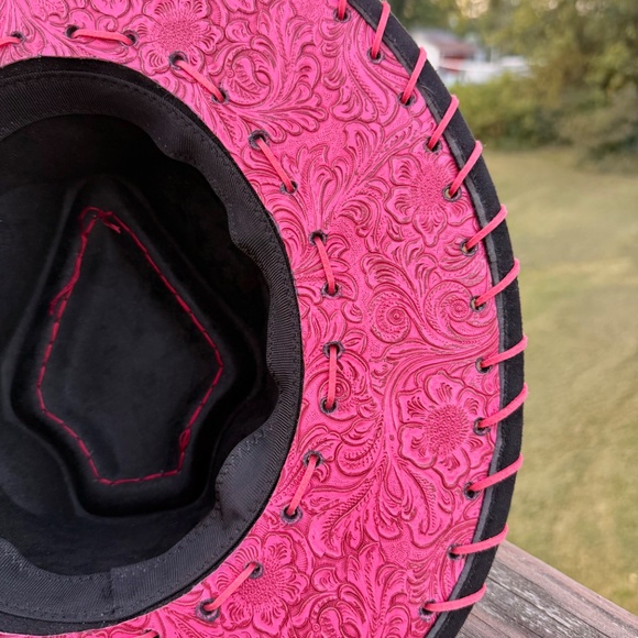 Black Flat Brim hat with Pink Tooled Leather, Arrowhead Shaped Hat - Picture 2 of 4